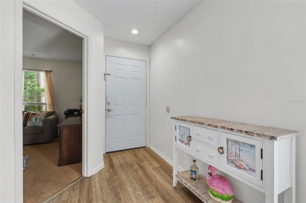 An entryway features wood-look flooring, a white front door, and a decorative white console table — 115 112TH AVENUE NE UNIT 726, ST PETERSBURG, FL