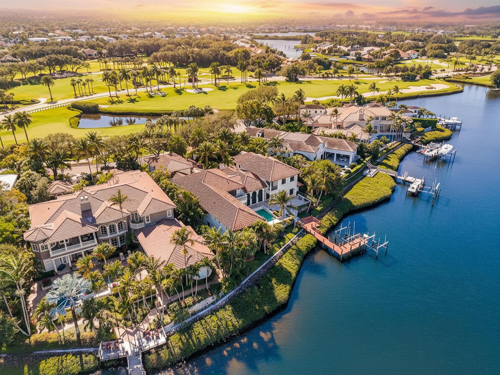 An aerial view shows luxury waterfront homes with private docks overlooking a golf course — 107 Schooner Lane, Jupiter FL 33477, JUPITER, FL