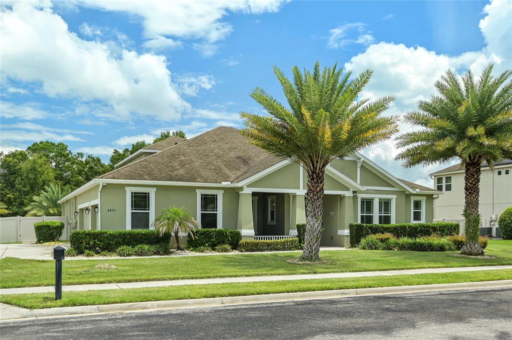 A single-story house with green siding, a shingled roof, and two palm trees in front — 4473 BERRY OAK DRIVE, APOPKA, FL