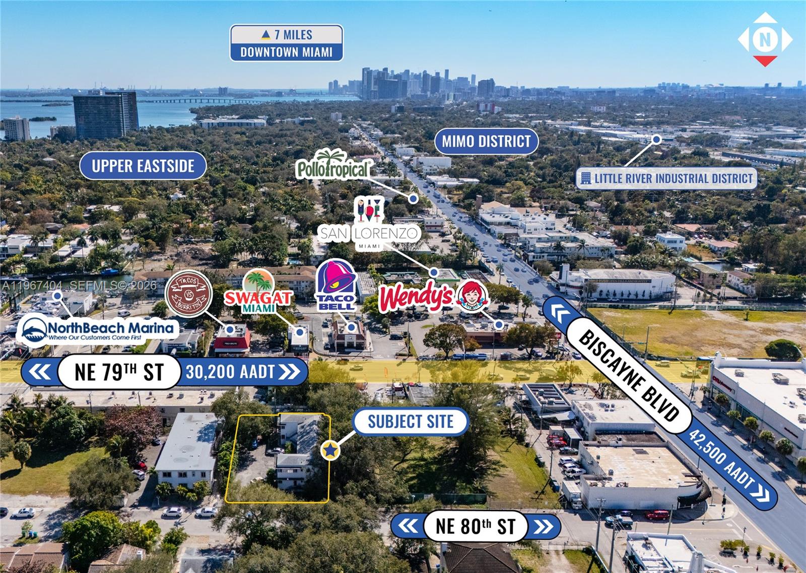 This aerial map shows a subject property located near the intersection of Biscayne Boulevard — 648 NE 80th St, Miami FL 33138, MIAMI, FL