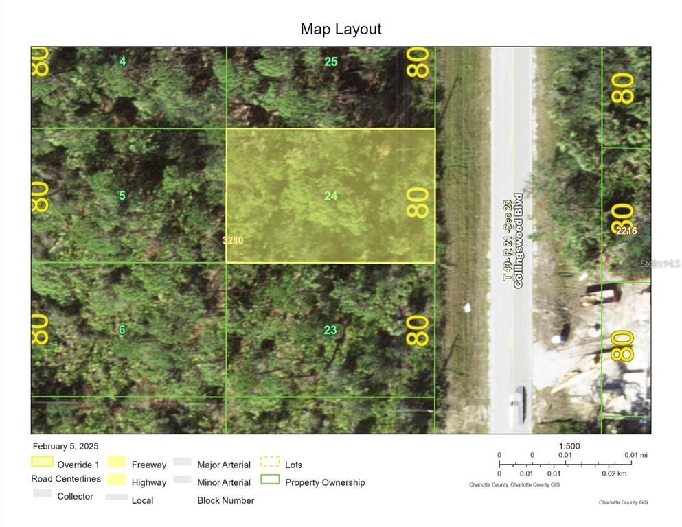 This is a map showing a rectangular property lot highlighted in yellow — 4073 COLLINGSWOOD BOULEVARD, PORT CHARLOTTE, FL