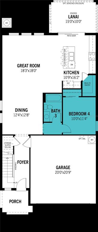 This is a floor plan of a home's first level featuring a garage, kitchen, and lanai — 34877 ARBOR RETREAT DRIVE, DADE CITY, FL