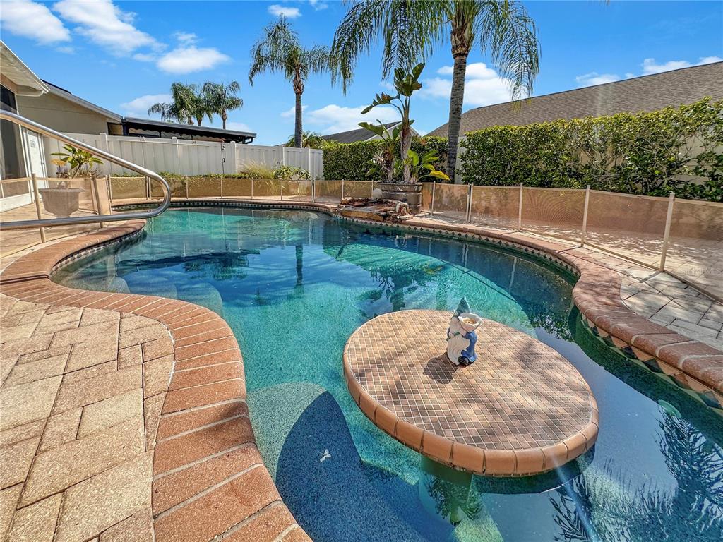 A backyard swimming pool features a tiled table in the center and a safety fence — 4300 ONORIO STREET, NEW PORT RICHEY, FL