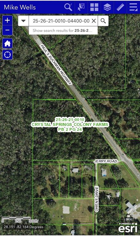 This is a satellite map showing property boundaries, roads, and wooded land in a rural area — 0 PAUL S BUCHMAN HIGHWAY, ZEPHYRHILLS, FL