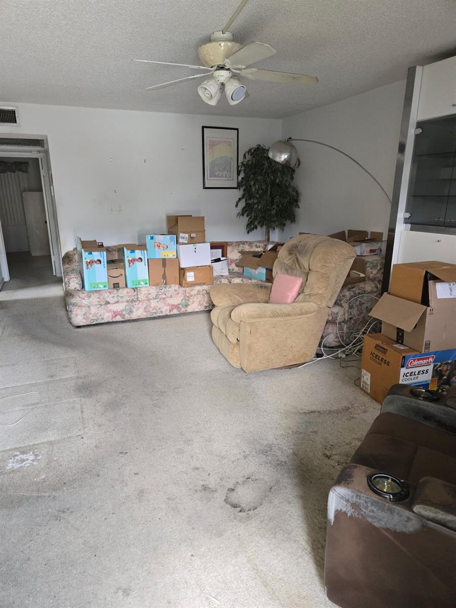 A living room with a floral sofa, a recliner, and several cardboard boxes on carpet — 177 Upminster I # 177, Deerfield Beach FL 33442, DEERFIELD BEACH, FL
