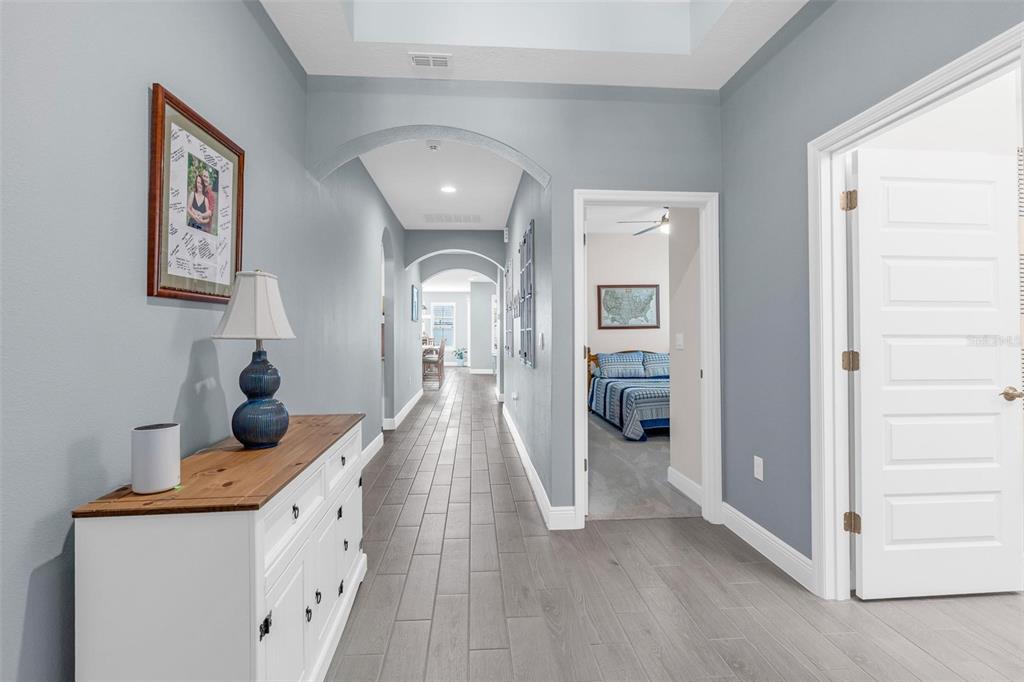 A hallway with light blue walls, wood-look tile flooring, and arched architectural details — 11043 JACKSON COVE, WINTER GARDEN, FL