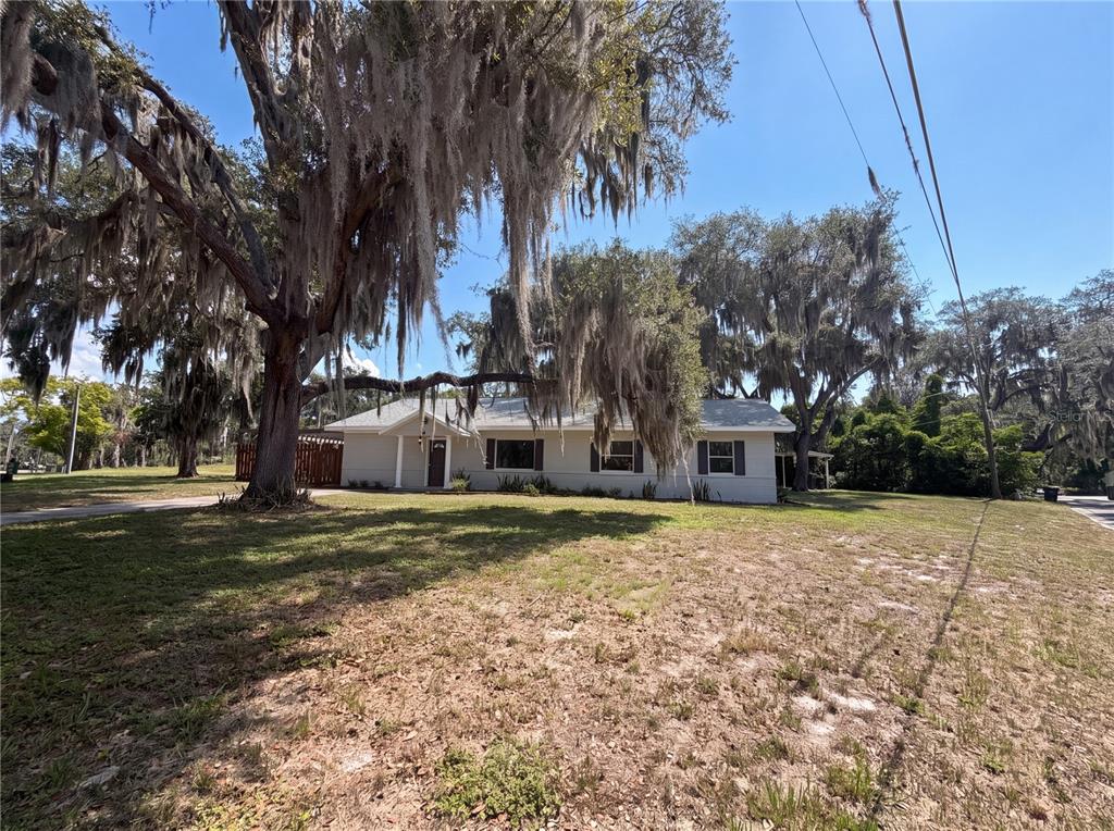 A single-story house with a light-colored exterior sits on a grassy lot under large trees — 900 OAK DRIVE, LEESBURG, FL