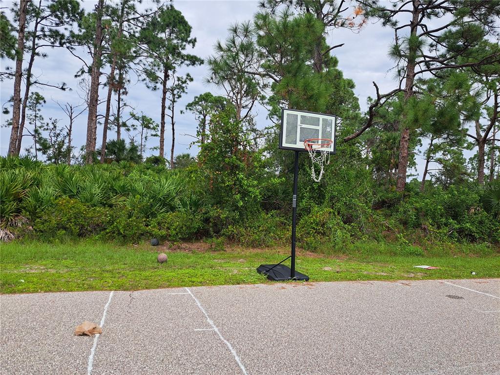 A portable basketball hoop stands on an asphalt driveway in front of a wooded area — 12504 PERRINE AVENUE, PORT CHARLOTTE, FL