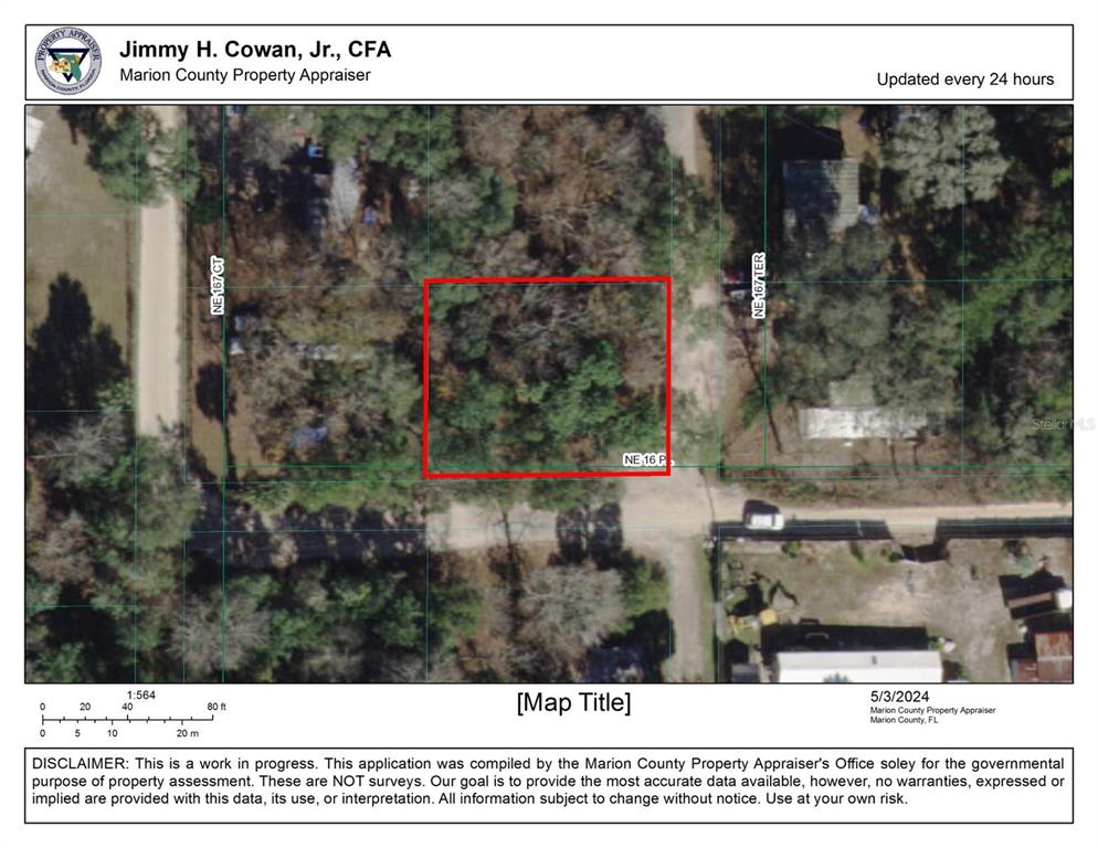 This is a property map showing a rectangular parcel of land outlined in red — 0 NE 167TH TERRACE, SILVER SPRINGS, FL