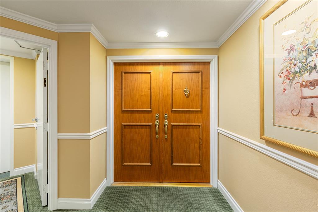 A hallway features double wooden doors, beige walls with white trim, and green carpeted flooring — 1180 GULF BOULEVARD UNIT 202, CLEARWATER BEACH, FL