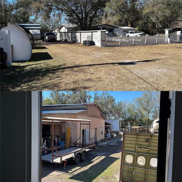 A split-view image showing a gravel yard with a fence and a workshop with a trailer — 5107 PANDORA PLACE, PLANT CITY, FL