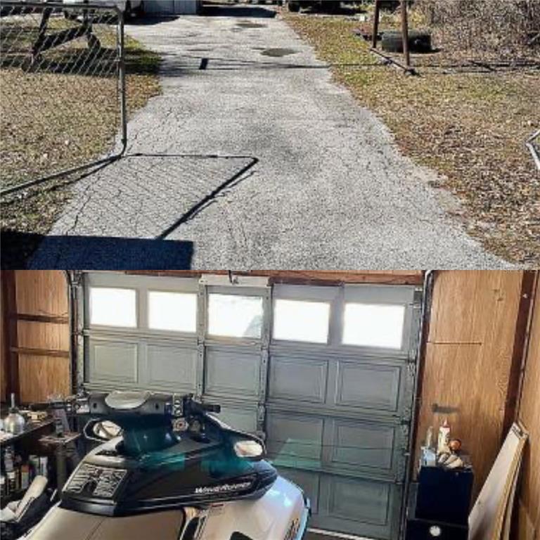 A split image shows a paved driveway and a garage interior containing a personal watercraft — 5107 PANDORA PLACE, PLANT CITY, FL