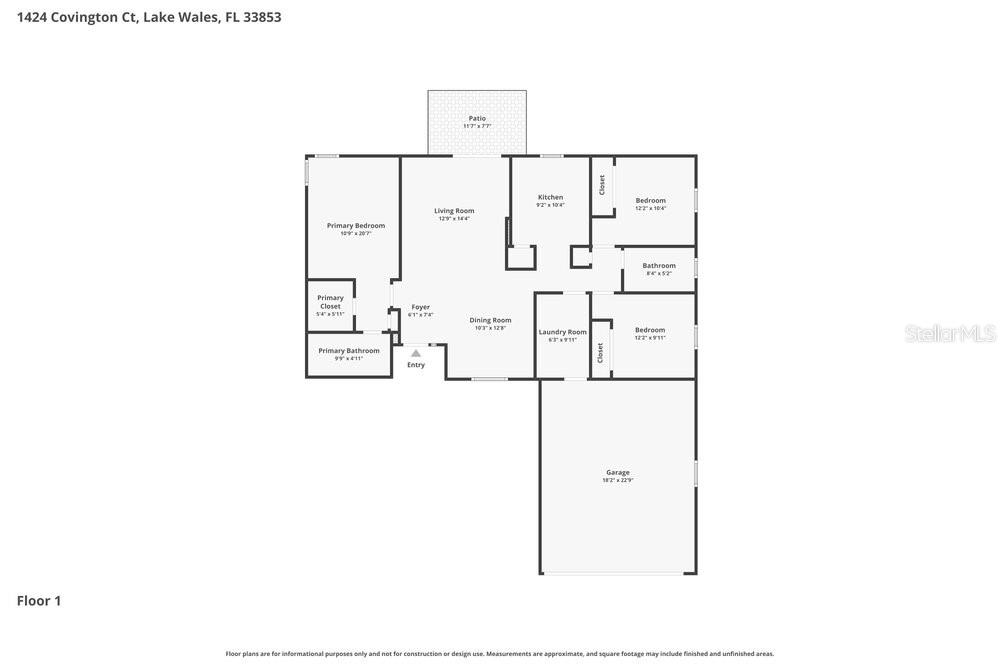 This is a floor plan for a single-story house with a garage and a patio — 1424 COVINGTON COURT, LAKE WALES, FL