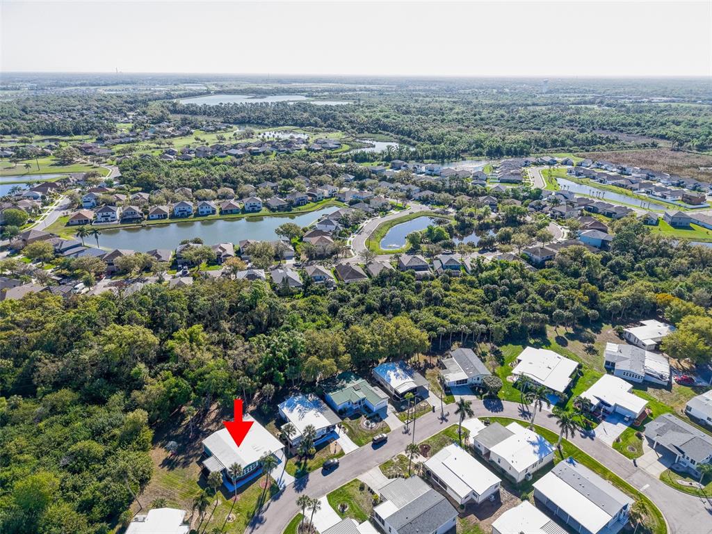 An aerial view shows a residential neighborhood with a red arrow pointing to a specific house — 5910 MAJESTIC WAY, PALMETTO, FL