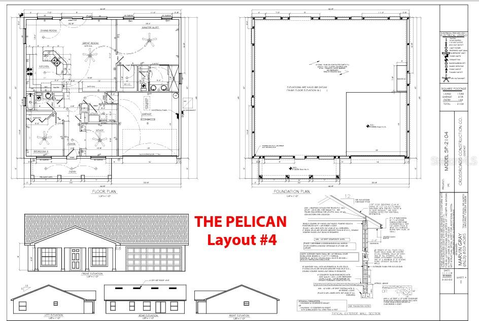 This architectural floor plan and elevation rendering shows the layout and exterior design for a house — 5970 CORMORANT COURT, LAKELAND, FL
