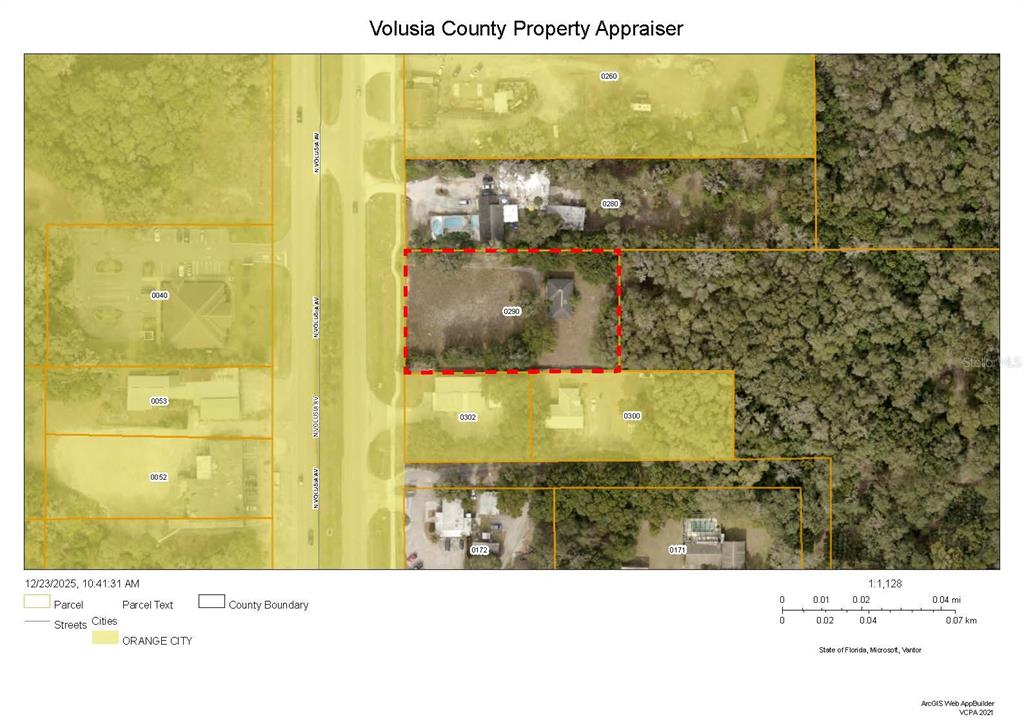 This is a property map showing parcel boundaries and aerial imagery for a specific location — 2300 N VOLUSIA AVENUE, ORANGE CITY, FL