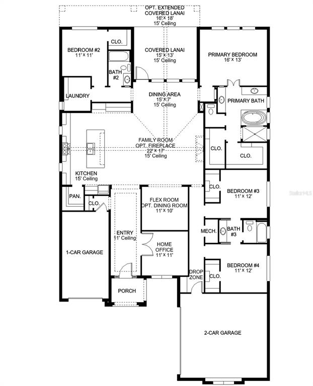 This is a floor plan for a single-story home featuring four bedrooms and two garages — 4495 SOUTHERN VALLEY LOOP, BROOKSVILLE, FL