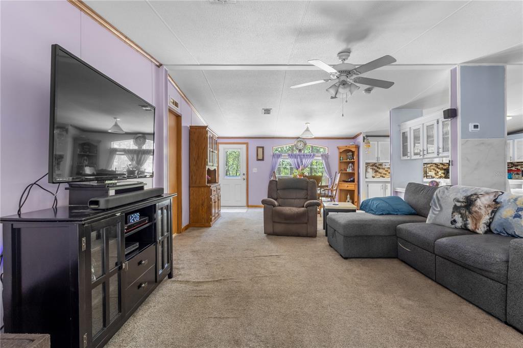 A living room features a television on a black stand, a sectional sofa, and carpet — 106 ARROWHEAD POINT ROAD, HAWTHORNE, FL
