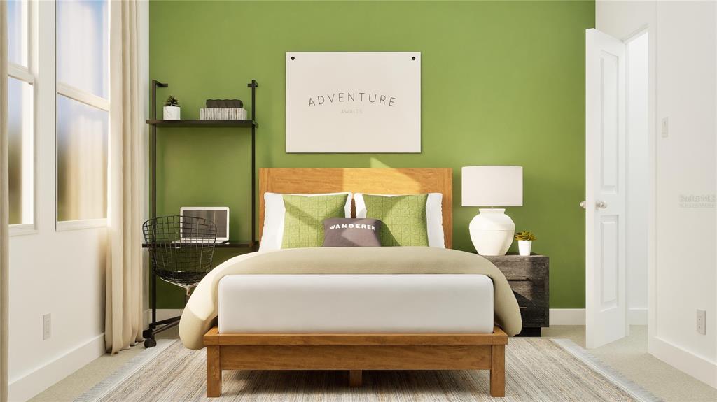 This is a rendering of a bedroom featuring a wooden bed, green walls, and a desk — 5382 TEMPEST WAY, CLERMONT, FL