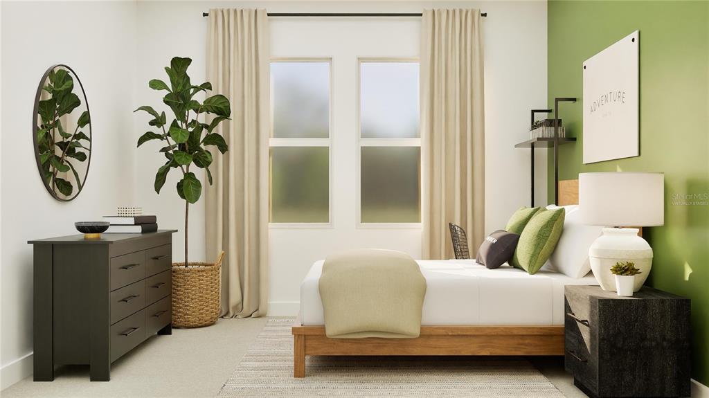 This is a digitally staged bedroom featuring a green accent wall, wooden bed, and dresser — 5382 TEMPEST WAY, CLERMONT, FL