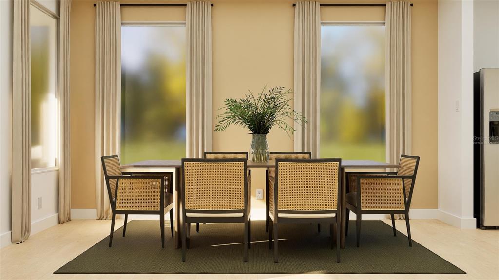 This is a digital rendering of a dining room featuring a table with six cane chairs — 5382 TEMPEST WAY, CLERMONT, FL