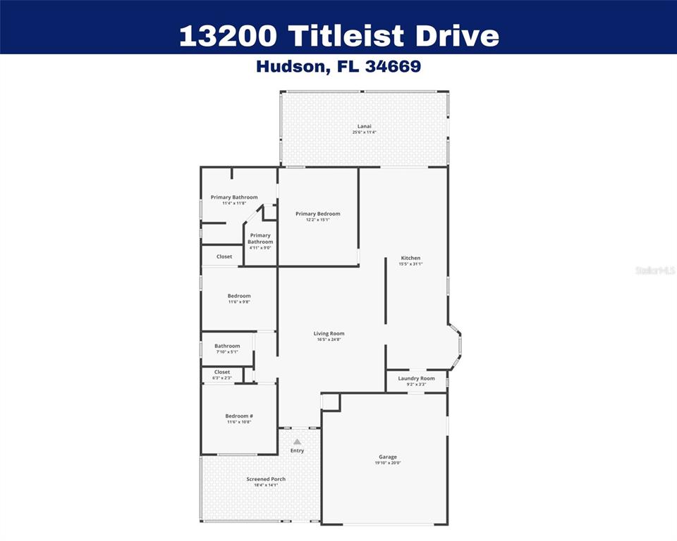 This is a floor plan showing the layout of a house with a garage and lanai — 13200 TITLEIST DRIVE, HUDSON, FL