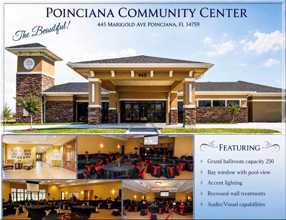 The image shows the exterior and interior event spaces of the Poinciana Community Center — 3 WILLOW LANE, POINCIANA, FL