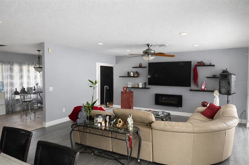 A living room features gray walls, a large television, a fireplace, and a beige sectional — 3520 STABLE RIDGE LANE, LAND O LAKES, FL