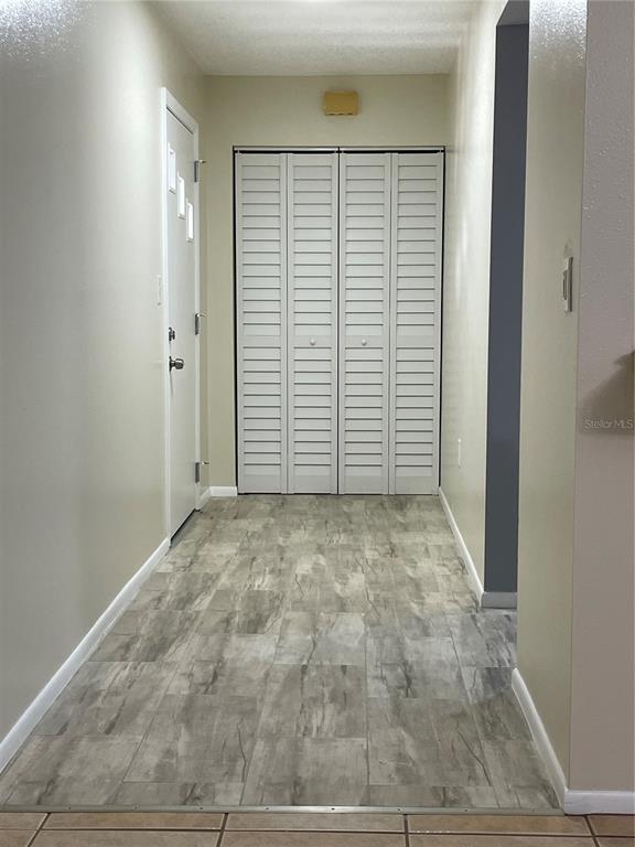 A hallway features light-colored walls, wood-look vinyl flooring, and a white louvered closet door — 7640 92ND STREET UNIT 101E, SEMINOLE, FL