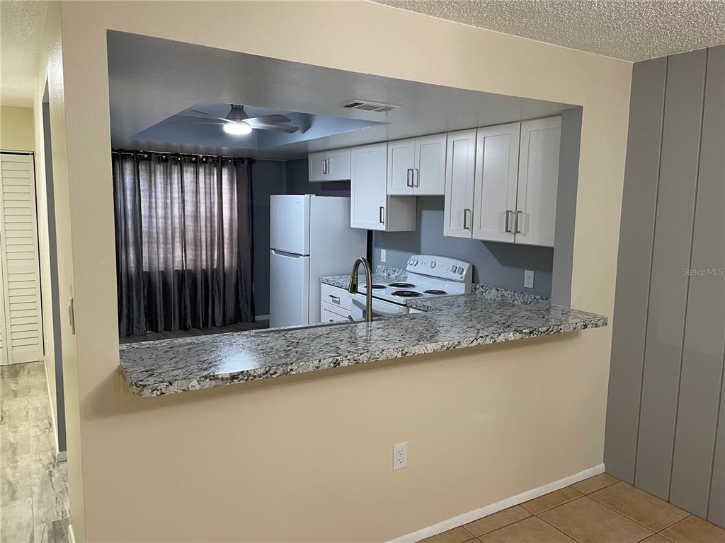 A kitchen with white cabinets, granite countertops, and a pass-through window overlooking a dining area — 7640 92ND STREET UNIT 101E, SEMINOLE, FL
