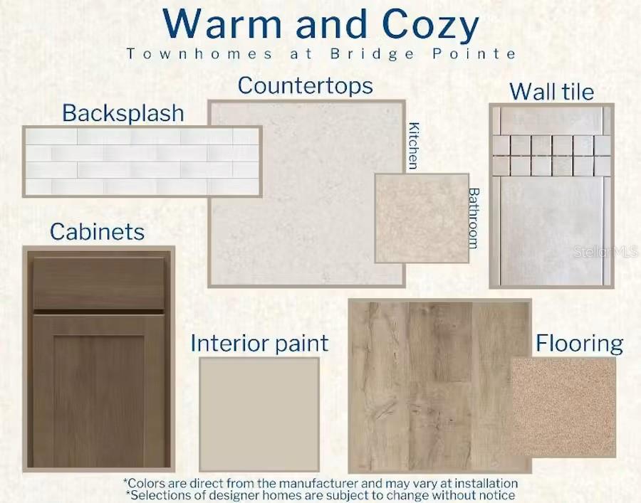 This design board displays material samples for a home, including cabinets, countertops, tile, and flooring — 398 CHESAPEAKE DRIVE, ST CLOUD, FL
