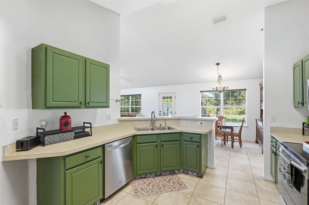 A kitchen with green cabinets, stainless steel appliances, and a view into the dining area — 36 LEMA LANE, PALM COAST, FL