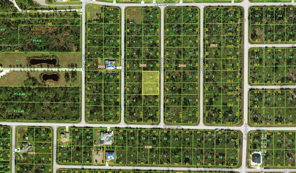 This is a satellite map showing a grid of residential land parcels and streets — 1491 BULLENE STREET, PORT CHARLOTTE, FL