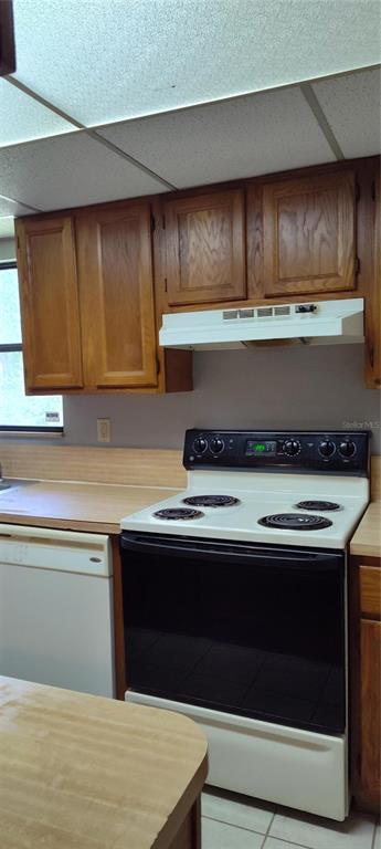 A kitchen features wooden cabinets, a white electric range, and a white dishwasher — 2811 SW ARCHER ROAD UNIT F46, GAINESVILLE, FL