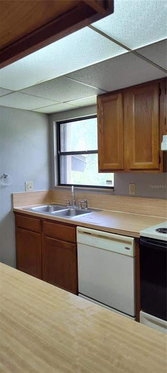 A kitchen features wood cabinets, a double-basin sink, a dishwasher, and a light-colored countertop — 2811 SW ARCHER ROAD UNIT F46, GAINESVILLE, FL