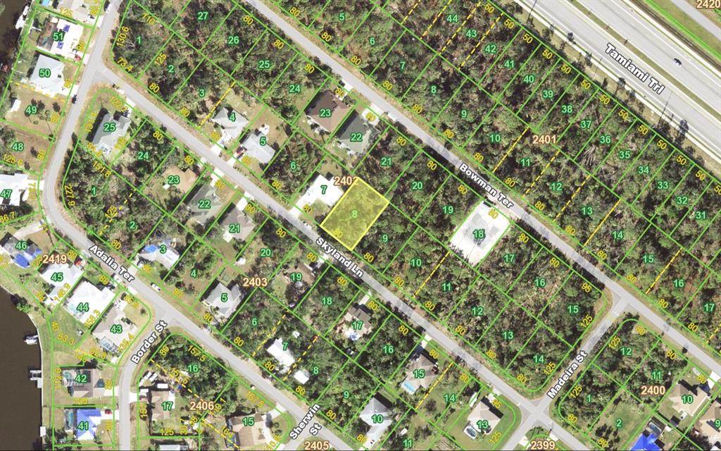 This is a satellite map showing residential property lots and street layouts — 384 SKYLAND LANE, PORT CHARLOTTE, FL