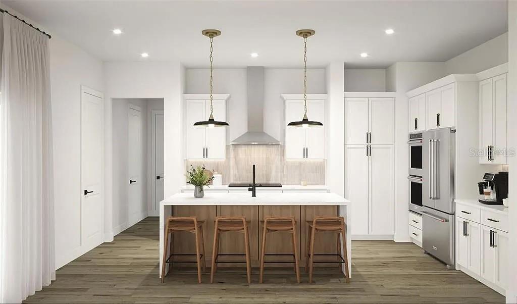 This rendering shows a modern kitchen with white cabinetry, a wood-toned island, and pendant lighting — 8151 36TH AVENUE N, ST PETERSBURG, FL