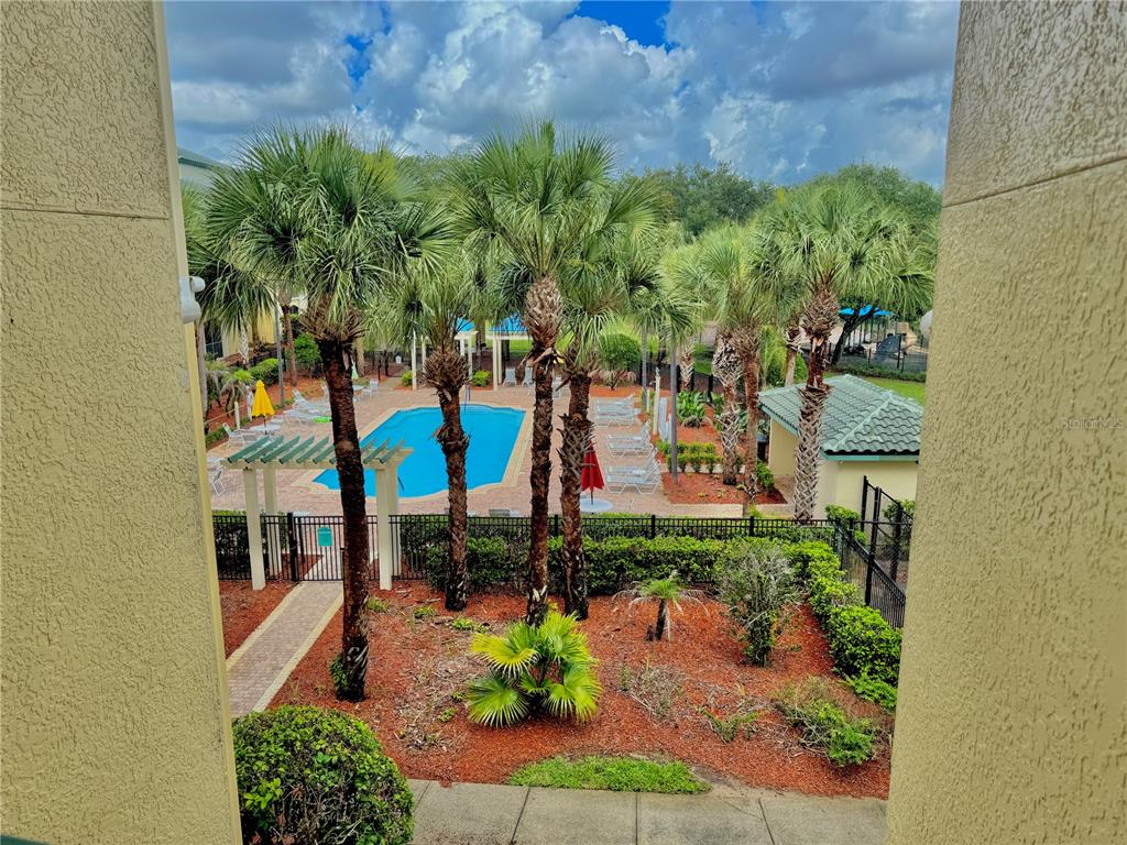 A view from a balcony overlooking a swimming pool surrounded by palm trees and landscaping — 8828 DUNES COURT UNIT 12 304, KISSIMMEE, FL