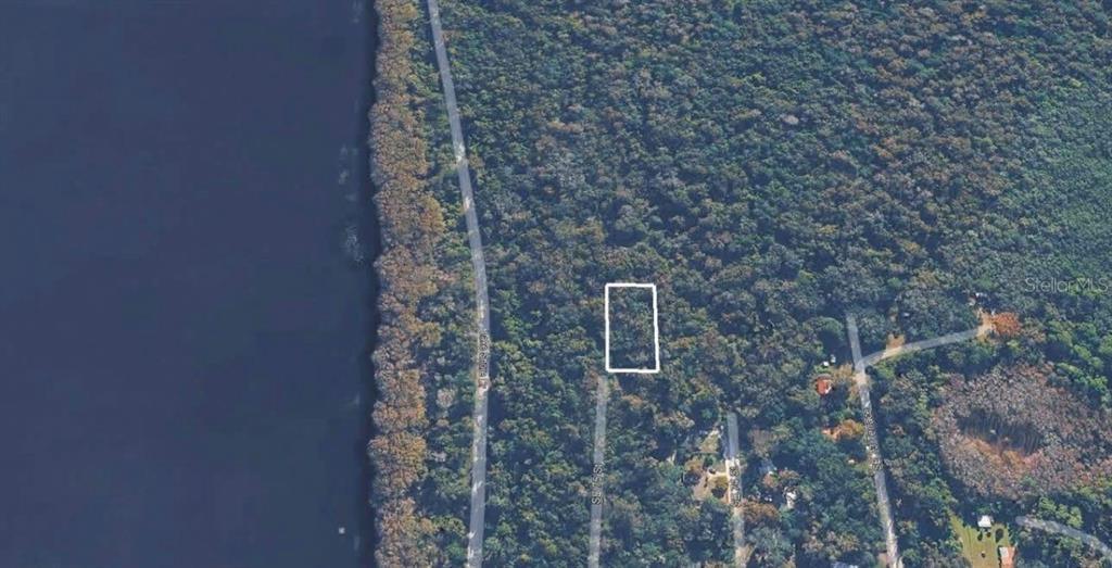 An aerial view shows a rectangular plot of land outlined in white within a wooded area — SE 75TH STREET, GAINESVILLE, FL