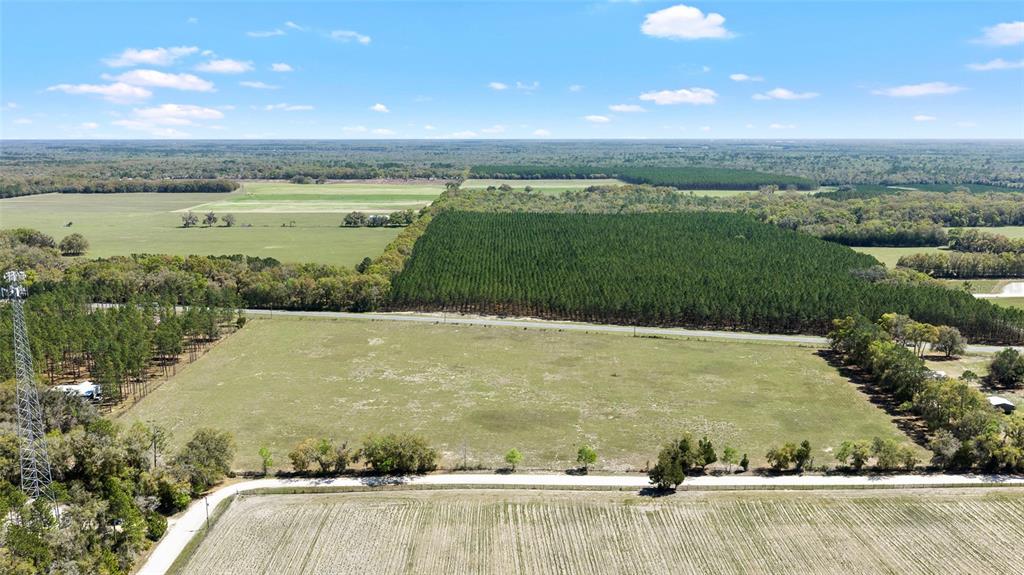 An aerial view shows a large, open grassy field bordered by trees and a road — 300 NE 708 AVENUE, OLD TOWN, FL