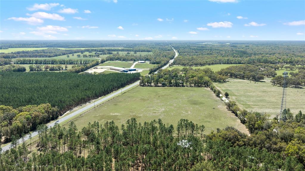 An aerial view shows a large grassy field bordered by a road and dense forest — 300 NE 708 AVENUE, OLD TOWN, FL