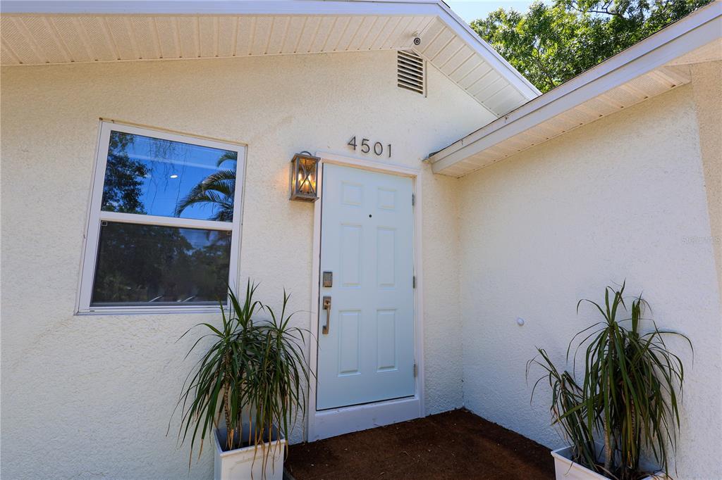 A light blue front door with a house number sits between two potted plants — 4501 70TH STREET N, ST PETERSBURG, FL