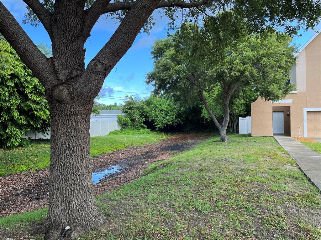 A grassy yard with a drainage ditch and trees sits beside a tan residential building — 4326 TYLER CIRCLE N, ST PETERSBURG, FL