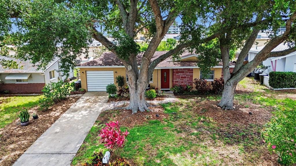 A single-story house with a white garage door, red front door, and large shade trees — 1251 OAKVIEW AVENUE, CLEARWATER, FL