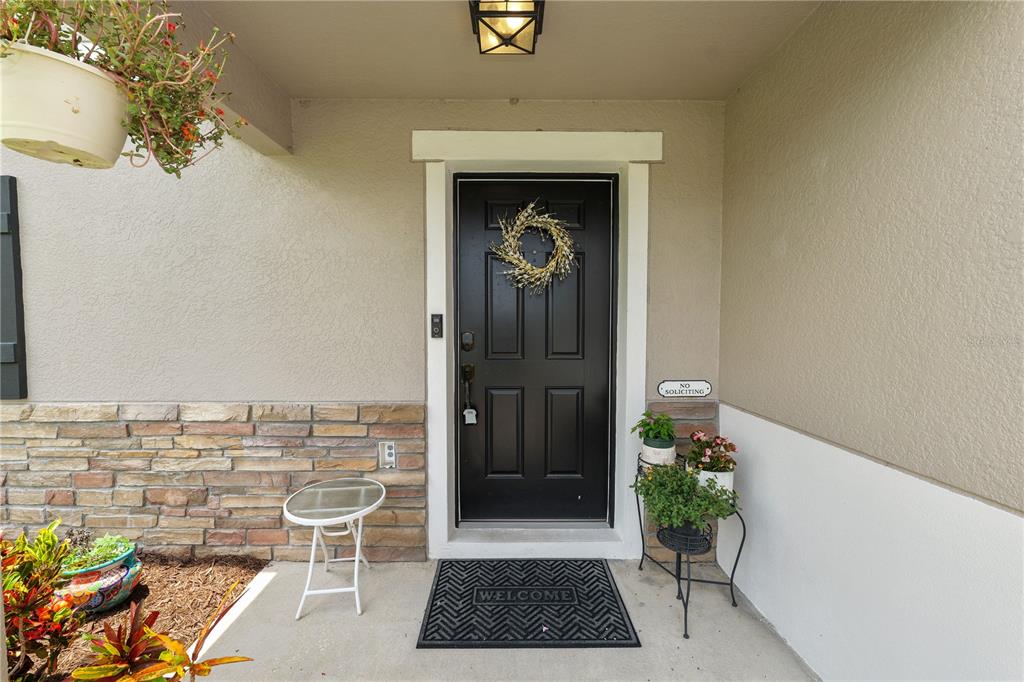 A front entryway features a black door, a stone-accented wall, and potted plants — 4188 FESTIVAL POINTE BOULEVARD, MULBERRY, FL