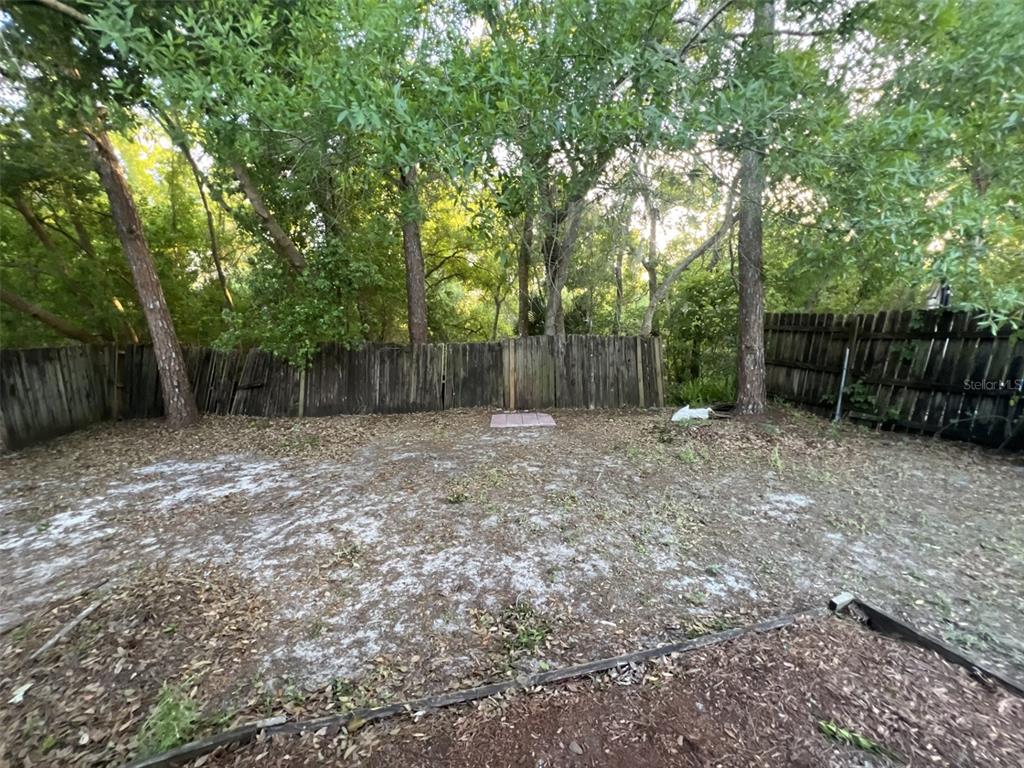A backyard features a sandy lawn, mature trees, and a weathered wooden privacy fence — 4843 BILLY DIRECT LANE, LUTZ, FL