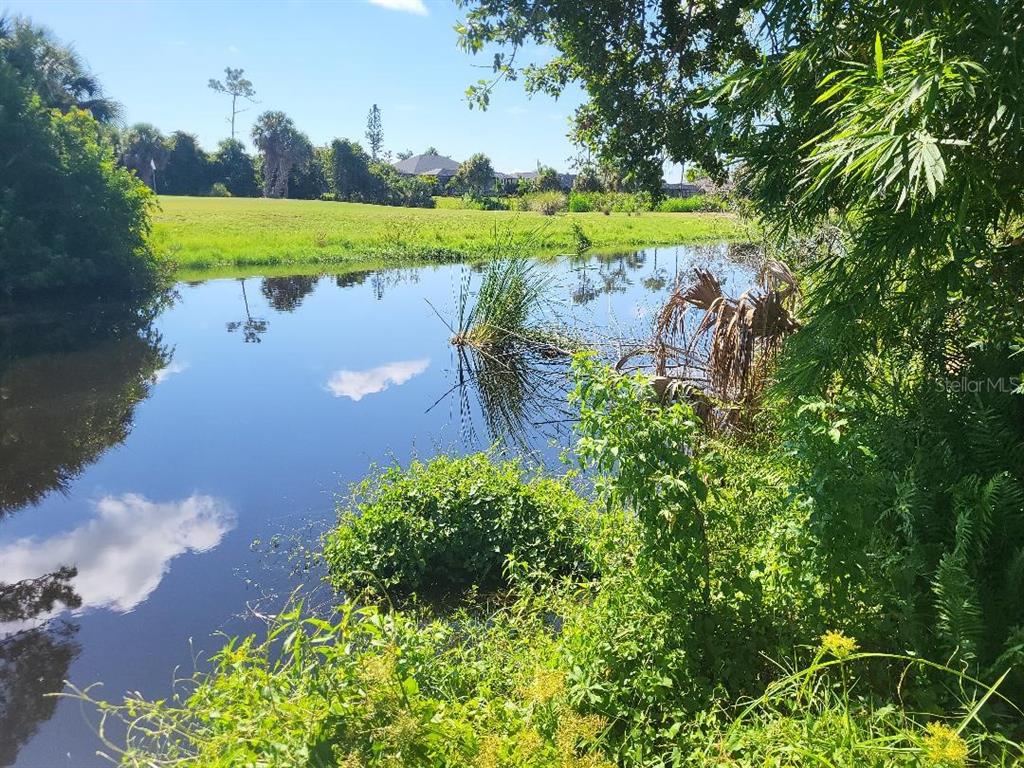 A view of a pond with surrounding greenery and a grassy field in the distance — 20 PINEHURST PLACE, ROTONDA WEST, FL