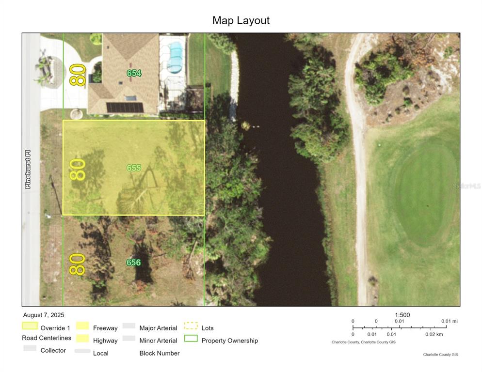 This map shows a residential lot highlighted in yellow along a canal and golf course — 20 PINEHURST PLACE, ROTONDA WEST, FL