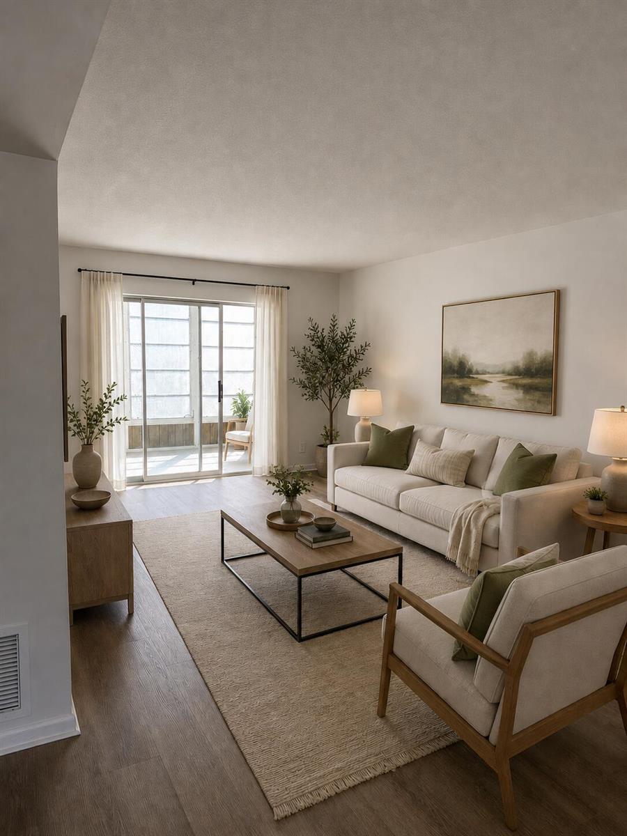 This is a rendering of a living room featuring a sofa, armchair, and sliding glass doors — 130 NE 26th Avenue # 2030, Boynton Beach FL 33435, BOYNTON BEACH, FL