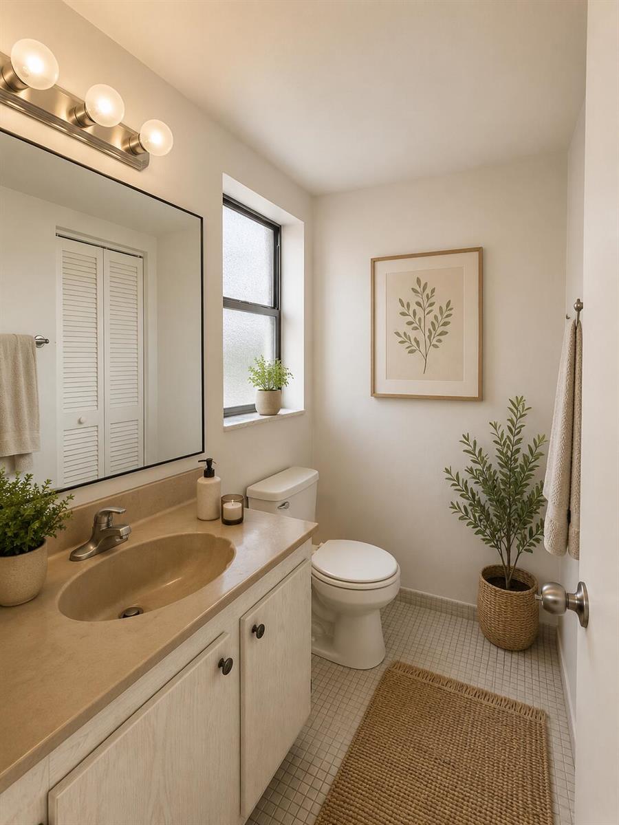 A small bathroom features a beige vanity, a framed botanical print, and a window — 130 NE 26th Avenue # 2030, Boynton Beach FL 33435, BOYNTON BEACH, FL